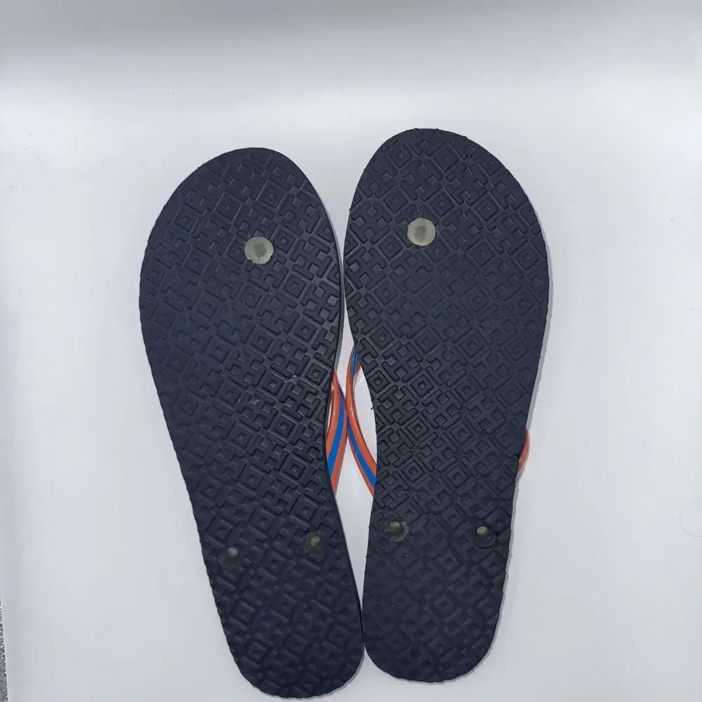 Tory Burch Navy Orange Blue Printed Logo Flip Flops Women’s Sandals